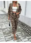 Kadın Uzun Kollu önü Açık Desenli Iki Iplik Ceket Ve Pantolon Ikili Takım