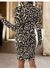 Kadın Uzun Kollu önü Açık Leopar Desen Modal Ceket Ve Etek Ikili Takım