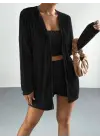 Kadın Uzun Kollu önü Açık şardonlu Kaşkorse Ceket Büstiyer Ve Short üçlü Takım