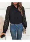 Kadın Uzun Kollu Reglan Kol Detaylı Tüllü Yakadan Bağlamalı Sandy Bluz
