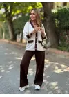 Kadın Uzun Kollu Ribanali Cep Detay Hırka Ve Bol Paça Pantolon Ikili Takım