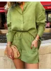 Kadın Uzun Kollu Salaş Gömlek Ve şort Keten Ikili Takım