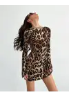 Kadın Uzun Kollu Sırtı Açık Bağlamalı Leopar Desenli Kısa Dalgıç Elbise