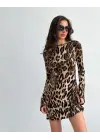 Kadın Uzun Kollu Sırtı Açık Bağlamalı Leopar Desenli Kısa Dalgıç Elbise