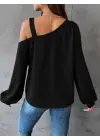 Kadın Uzun Kollu Tek Omuz Askı Detay Salaş Viskon Iki Iplik Bluz