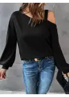 Kadın Uzun Kollu Tek Omuz Askı Detay Salaş Viskon Iki Iplik Bluz