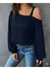 Kadın Uzun Kollu Tek Omuz Askı Detay Salaş Viskon Iki Iplik Bluz