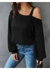 Kadın Uzun Kollu Tek Omuz Askı Detay Salaş Viskon Iki Iplik Bluz
