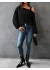 Kadın Uzun Kollu Tek Omuz Askı Detay Salaş Viskon Iki Iplik Bluz