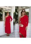 Kadın Uzun Kollu Tek Omuz Detay Krep Elbise