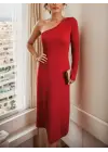Kadın Uzun Kollu Tek Omuz Detay Krep Elbise