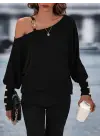 Kadın Uzun Kollu Tek Omuzdan Açık Askı Detaylı Waffle Bluz