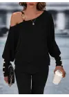 Kadın Uzun Kollu Tek Omuzdan Açık Askı Detaylı Waffle Bluz