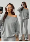 Kadın Uzun Kollu Tek Omuzdan Açık Iki Iplik Bluz Ve Pantolon Ikili Takım