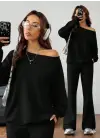 Kadın Uzun Kollu Tek Omuzdan Açık Iki Iplik Bluz Ve Pantolon Ikili Takım