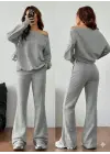 Kadın Uzun Kollu Tek Omuzdan Açık Iki Iplik Bluz Ve Pantolon Ikili Takım