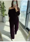 Kadın Uzun Kollu Tek Omuzdan Açık Modal Bluz Ve Pantolon Ikili Mürdüm Takım