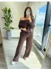 Kadın Uzun Kollu Tek Omuzdan Açık Modal Bluz Ve Pantolon Ikili Takım