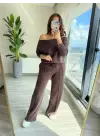 Kadın Uzun Kollu Tek Omuzdan Açık Modal Bluz Ve Pantolon Ikili Takım