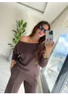Kadın Uzun Kollu Tek Omuzdan Açık Modal Bluz Ve Pantolon Ikili Takım
