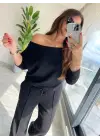 Kadın Uzun Kollu Tek Omuzdan Açık Modal Bluz Ve Pantolon Ikili Takım