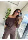 Kadın Uzun Kollu Tek Omuzdan Açık Modal Bluz Ve Pantolon Ikili Takım