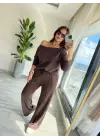 Kadın Uzun Kollu Tek Omuzdan Açık Modal Bluz Ve Pantolon Ikili Takım