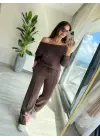 Kadın Uzun Kollu Tek Omuzdan Açık Modal Bluz Ve Pantolon Ikili Takım