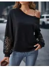Kadın Uzun Kollu Tek Omuzu Açık Dantelli Viskon Iki Iplik Bluz