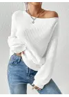 Kadın Uzun Kollu Tek Omuzu Açık Detaylı Triko Bluz