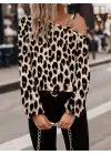 Kadın Uzun Kollu Tek Omuzu Açık Tokalı Leopar Desenli Modal Bluz