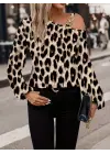 Kadın Uzun Kollu Tek Omuzu Açık Tokalı Leopar Desenli Modal Bluz