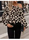 Kadın Uzun Kollu Tek Omuzu Açık Tokalı Leopar Desenli Modal Bluz