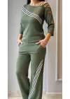Kadın Uzun Kollu Truvakar Kol Tek Omuz çapraz şerit Detaylı Ribanalı Viskon Iki Iplik Bluz Ve Pantolon Ikili Takım
