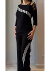 Kadın Uzun Kollu Truvakar Kol Tek Omuz çapraz şerit Detaylı Ribanalı Viskon Iki Iplik Bluz Ve Pantolon Ikili Takım