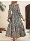 Kadın Uzun Kollu Uakadabağcıklı Beli Lastikli Desenli Uzun Süprem Elbise