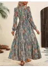 Kadın Uzun Kollu Uakadabağcıklı Beli Lastikli Desenli Uzun Süprem Elbise