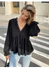 Kadın Uzun Kollu V Dantel Yaka Aerobin Bluz