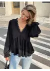 Kadın Uzun Kollu V Dantel Yaka Aerobin Bluz