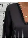 Kadın Uzun Kollu V Dantel Yaka Desenli Modal Bluz