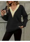 Kadın Uzun Kollu V Dantel Yaka şardonsuz üç Iplik Bluz