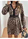 Kadın Uzun Kollu V Dantel Yakalı Leopar Desenli Modal Mini Elbise