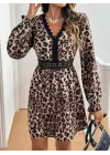 Kadın Uzun Kollu V Dantel Yakalı Leopar Desenli Modal Mini Elbise