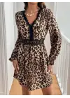 Kadın Uzun Kollu V Dantel Yakalı Leopar Desenli Modal Mini Elbise