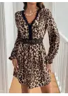 Kadın Uzun Kollu V Dantel Yakalı Leopar Desenli Modal Mini Elbise
