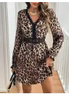Kadın Uzun Kollu V Dantel Yakalı Leopar Desenli Modal Mini Elbise