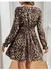 Kadın Uzun Kollu V Dantel Yakalı Leopar Desenli Modal Mini Elbise