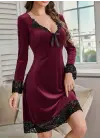 Kadın Uzun Kollu V Dantel Yakalı Mini Kadife Elbise