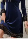 Kadın Uzun Kollu V Dantel Yakalı Mini Kadife Elbise