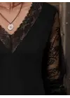 Kadın Uzun Kollu V Dantel Yakalı Viskon Bluz